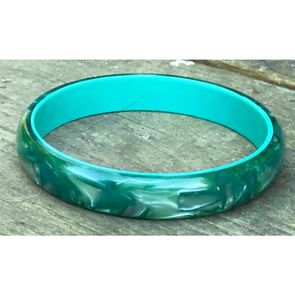 unique Vintage 1960s Marbled Dark Green Moon Glow Lucite Thermoset Bangle - Picture 3 of 6
